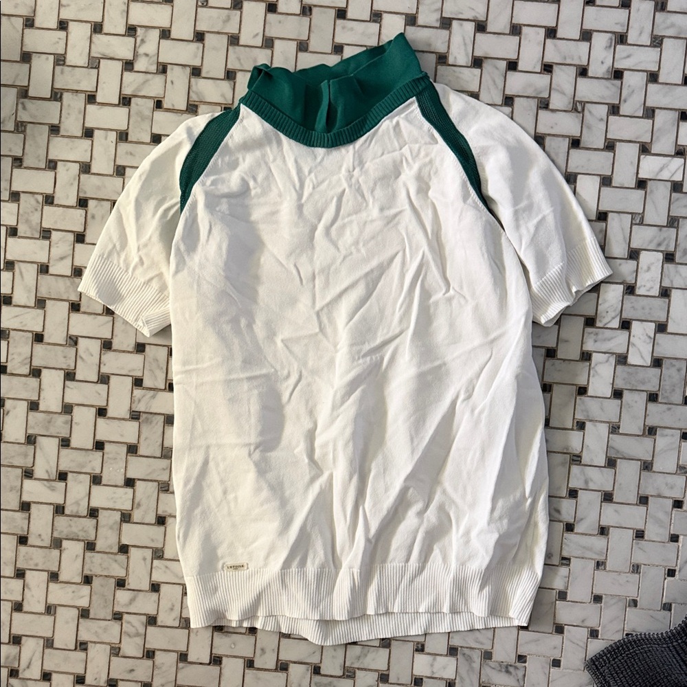 Women's White Knit Top with Green Trim tennis / golf top